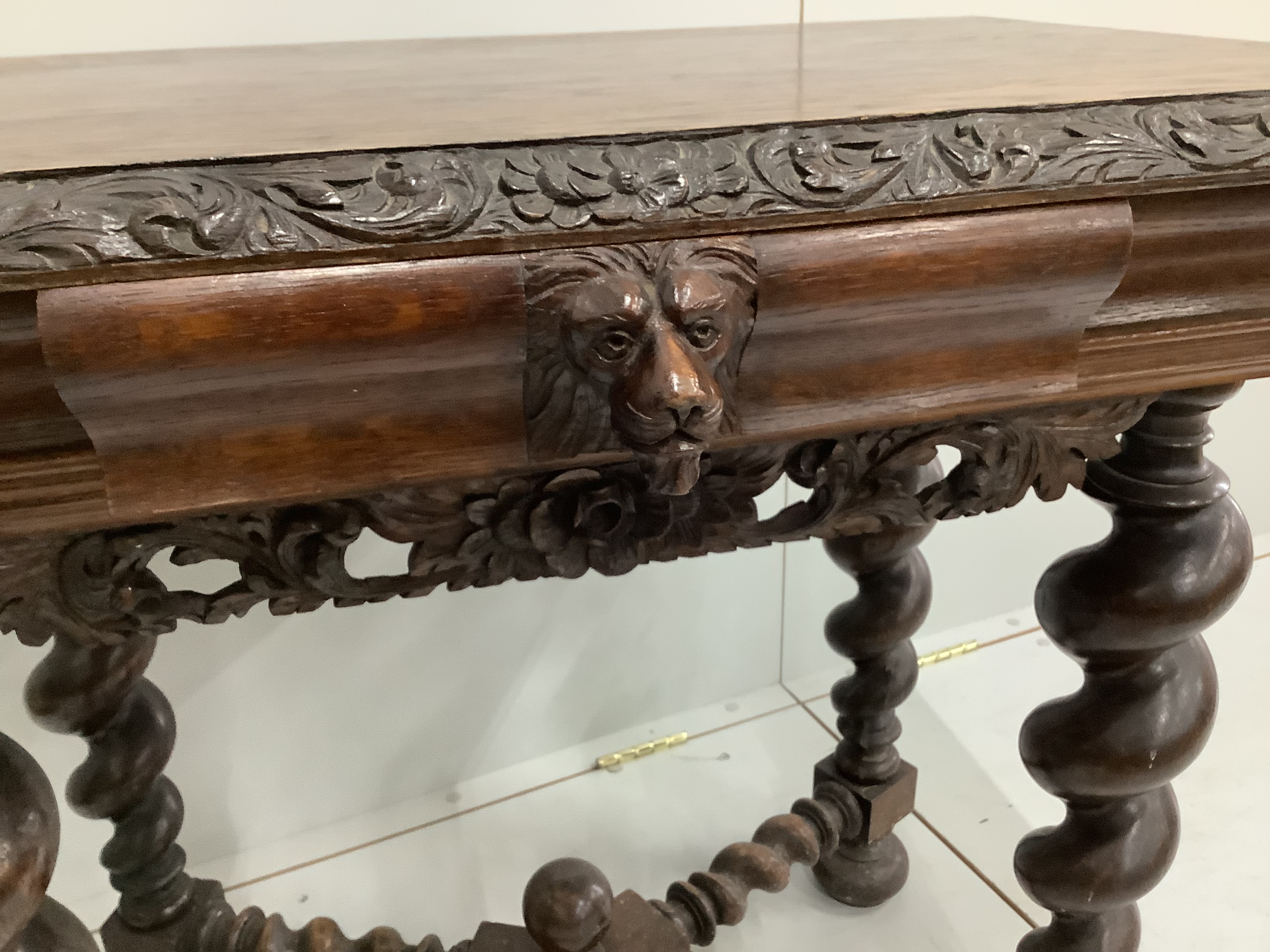 An 18th century style Dutch carved oak side table, width 85cm, depth 53cm, height 75cm